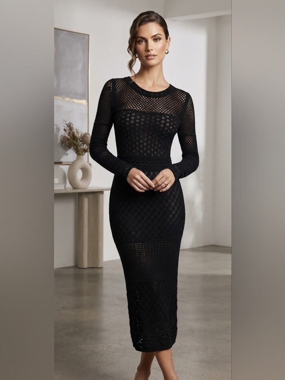 Elegant Venus Black Long-Sleeve Crochet Knit Bodycon Dress With Sparkles, Size S